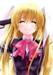  ^_^ blonde_hair bow closed_eyes crying gun gun_to_head highres holding holding_gun holding_weapon little_busters! long_hair pink_bow school_uniform simple_background smile solo suicide tears tokido_saya twintails weapon white_background zen 