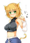  adapted_costume alternate_breast_size animal_ears arm_warmers bare_shoulders blonde_hair blush breasts cat_ears cat_tail ear_twitch green_eyes highres kemonomimi_mode large_breasts looking_at_viewer md5_mismatch midriff mizuhashi_parsee navel paw_pose sideboob simple_background sleeveless sleeveless_turtleneck solo tail touhou translated turtleneck us2s white_background 