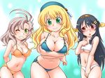  :o atago_(kantai_collection) bikini black_hair blonde_hair blush breast_envy breasts cleavage full-face_blush green_eyes grey_hair grin hairband haruna_(kantai_collection) hat kantai_collection kinugasa_(kantai_collection) large_breasts long_hair looking_at_viewer multiple_girls navel nishi_kita o-ring o-ring_bottom o-ring_top one_eye_closed red_eyes remodel_(kantai_collection) smile strap_gap swimsuit underboob 