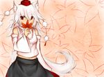  animal_ears autumn_leaves bare_shoulders blush breasts detached_sleeves hat inubashiri_momiji leaf long_hair looking_away medium_breasts midriff navel pom_pom_(clothes) red_eyes shirt silver_hair skirt solo tail teatime_(mike) tokin_hat touhou white_shirt wolf_ears wolf_tail 