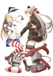  :d ^_^ amatsukaze_(kantai_collection) bad_id bad_pixiv_id blonde_hair blue_skirt boots brown_dress brown_eyes closed_eyes dress gloves grey_footwear grey_hair happy kantai_collection long_hair long_sleeves multiple_girls navel open_mouth panda_(pandadesu) red_legwear rensouhou-chan rensouhou-kun sailor_dress shimakaze_(kantai_collection) shirt shoes short_dress skirt smile striped striped_legwear thighhighs two_side_up white_background white_gloves white_shirt wrist_grab zettai_ryouiki 