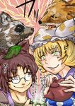  anger_vein animal_ears brown_eyes brown_hair cup fox futatsuiwa_mamizou glasses glowing glowing_eyes green_tea hat kongari_tokei leaf leaf_on_head multiple_girls pouring raccoon semi-rimless_eyewear short_hair side_handle_teapot slit_pupils spill tanuki tea teapot touhou translation_request under-rim_eyewear yakumo_ran yellow_eyes yunomi 