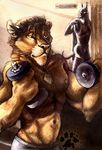  blotch brown_hair canine chest_tuft dog ear_piercing feline fur great_dane hair holding lion male mammal muscles navel nipples pecs piercing room topless tuft weightlifting weights yellow_fur 