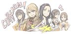  black_hair blazer blonde_hair bow bowtie brown_hair cardigan coat coppelion copyright_name double_v electricity fukasaku_aoi glasses grin highres jacket long_hair looking_at_viewer multiple_girls naruse_ibara necktie nomura_taeko ozu_kanon ozu_shion pale_color scarf school_uniform shigetoshisss short_ponytail siblings simple_background sisters smile striped striped_bow striped_neckwear sweater_vest v 