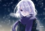  artist_name bangs blue_eyes breath copyright_name hair_over_one_eye highres lady_greantep light_particles original parted_lips purple_scarf scarf short_hair silver_hair snowing solo upper_body visible_air 