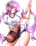  alternate_costume biwa_lute bracelet breasts buruma chain flower gym_uniform hair_flower hair_ornament highres instrument jewelry large_breasts long_hair looking_at_viewer lute_(instrument) musical_note purple_eyes purple_hair shirt short_sleeves simple_background smile solo touhou tsukumo_benben twintails very_long_hair white_background zan_(harukahime) 