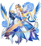  armor armored_dress bare_shoulders blonde_hair blue_eyes braid familiar faulds feathered_wings full_body gauntlets greaves halterneck highres imari long_hair puzzle_&amp;_dragons shield shynee_(p&amp;d) solo sword tri_braids valkyrie_(p&amp;d) very_long_hair water_valkyrie_(p&amp;d) weapon wings 