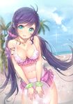  bad_id bad_twitter_id ball beach beachball bikini bikini_skirt blue_eyes blush bracelet braid breast_tattoo breasts cleavage cloud collarbone day green_eyes heart jewelry large_breasts long_hair looking_at_viewer love_live! love_live!_school_idol_project low_twintails natsuiro_egao_de_1_2_jump! navel necklace no_headwear open_mouth outdoors palm_tree pendant pink_scrunchie purple_bikini purple_hair scrunchie see-through sky smile solo strap_gap swimsuit tattoo toujou_nozomi tree twintails very_long_hair yuran 