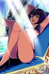  bad_id bad_tumblr_id bikini black_hair blue_eyes breasts d-ryuu dark_skin eliza_(skullgirls) leg_lift legs light_rays medium_breasts reclining short_hair sideboob skullgirls smile solo sunbeam sunlight swimsuit tiara underboob watermark web_address 