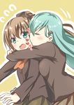  absurdres aqua_eyes aqua_hair black_hair blush breast_press breasts breasts_on_back brown_hair hair_ornament hairclip highres hug hug_from_behind kantai_collection kiss kumano_(kantai_collection) long_hair multiple_girls ponytail ryuki_(ryukisukune) skirt suzuya_(kantai_collection) yuri 