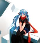  alternate_eye_color alternate_hair_color artist_name black_legwear blue_eyes blue_hair capelet casual cube hair_ornament hatsune_miku kky long_hair red_scarf scarf sitting skirt smile solo thighhighs twintails v-neck v_arms very_long_hair vocaloid zettai_ryouiki 