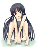  akiyama_mio barefoot covering covering_crotch feet hands highres k-on! long_hair one-piece_swimsuit open_mouth school_swimsuit solo swimsuit tears yuuki_shin 