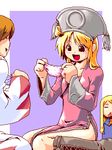  1girl agrias_oaks ahoge blonde_hair blood boots brown_hair crossdressing final_fantasy final_fantasy_tactics hat knee_boots legs lipstick long_hair lowres makeup mikuni_aoi nosebleed oekaki orator_(fft) otoko_no_ko panties ramza_beoulve robe sitting underwear white_mage white_mage_(fft) 