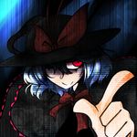  bad_id bad_pixiv_id blue_hair dark hat hat_over_one_eye konohana_saku nagae_iku red_eyes short_hair solo touhou 