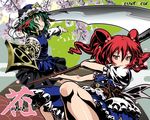  album_cover cherry_blossoms cover green_eyes green_hair hair_bobbles hair_ornament hat high_contrast multiple_girls onozuka_komachi outstretched_arm red_eyes red_hair rod_of_remorse scythe shiki_eiki short_hair touhou tsukimido two_side_up 