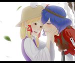  banned_artist blonde_hair blue_hair brown_eyes eyelashes fugi_jis hair_ribbon hands_on_another's_face hat leaf mirror moriya_suwako multiple_girls red_eyes ribbon rope touhou yasaka_kanako 