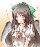  bad_id bad_pixiv_id blush bow brown_hair eyes green_bow hair_bow kemu_inu long_hair red_eyes reiuji_utsuho sketch solo touhou unyu wings 