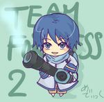  blue_eyes blue_hair blue_scarf chibi gun kaito lowres male_focus medi_gun naa_(vitamin) parody scarf solo team_fortress_2 the_medic vocaloid weapon 