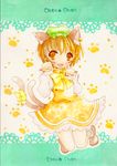  animal_ears bad_id bad_pixiv_id brown_hair cat_ears cat_tail character_name chen dress earrings emo_(mikan) hat jewelry multiple_tails orange_eyes paw_pose ribbon short_hair solo tail tail_ribbon touhou 