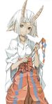  black_eyes copyright_request fakepucco gohei hakama horns japanese_clothes miko pointy_ears red_hakama solo white_hair 