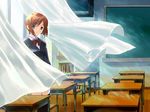  blazer classroom copyright_request curtains desk hair_ornament hairclip indoors jacket jpeg_artifacts kusaba_no_usagi school_desk school_uniform solo source_request wind 