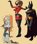  3girls ass batgirl batman_(series) boots breasts cape cassandra_cain costume crossover dc_comics domino_mask elastigirl green_eyes helen_parr kneeling long_hair mask milf multiple_girls orange_hair outtake poison_ivy short_hair smile the_incredibles 