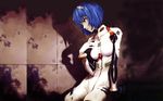  ayanami_rei blue_hair bodysuit highres neon_genesis_evangelion official_art plugsuit red_eyes sadamoto_yoshiyuki shadow short_hair solo wall wallpaper white_bodysuit 