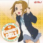  album_cover artist_request blazer brown_hair cover drumsticks hairband highres jacket k-on! one_eye_closed pleated_skirt school_uniform short_hair skirt solo tainaka_ritsu tomboy 