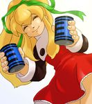  artist_request blonde_hair can energy_tank long_hair lowres red_skirt ribbon rockman rockman_(classic) roll skirt smile solo 