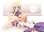  barefoot blonde_hair blush bottle can cuffs drinking drunk feet green_eyes handcuffs horn hoshiguma_yuugi long_hair lying miko_machi mizuhashi_parsee multiple_girls on_back short_hair sleeveless touhou 