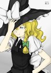  404_(artist) :t angry blonde_hair blue_eyes braid hand_on_headwear hat kirisame_marisa pout short_hair solo touhou witch_hat 