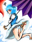  :&lt; bad_id bad_pixiv_id blue_eyes blue_hair feet geta heterochromia karakasa_obake oriental_umbrella panties purple_umbrella red_eyes sandals short_hair skirt skirt_lift solo tatara_kogasa tegaki tongue touhou umbrella underwear wind wind_lift yamimakuri20 