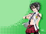  black_hair black_nails headphones highres miniskirt nail_polish navel original otakubeam pantyhose personification plaid plaid_skirt short_hair skirt solo wallpaper yellow_eyes 