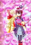  1girl artist_request couple crown dress frills hetero kiss maria_(umineko) pantyhose ribbon sakutarou stuffed_animal stuffed_lion stuffed_toy tree umineko_no_naku_koro_ni 