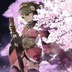  brown_eyes brown_hair comb japanese_clothes katana kimono miso_katsu momohime oboro_muramasa sheath sheathed short_hair solo sword tree weapon 