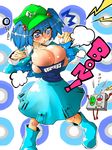  bad_id bad_pixiv_id blue_eyes blue_hair blush boots breast_expansion breasts bursting_breasts hair_bobbles hair_ornament hat highres hokuto_(scichil) huge_breasts kawashiro_nitori one-piece_swimsuit open_clothes school_swimsuit short_hair solo swimsuit swimsuit_under_clothes touhou translated two_side_up 