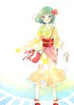  bow green_hair hair_bow japanese_clothes kimono lace original solo traditional_media watercolor_(medium) yellow_kimono yukata yuufuushi 