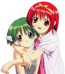  artist_request blush bow green_hair hands hug kamigishi_akari multi multiple_girls red_hair robot_ears to_heart yellow_bow 