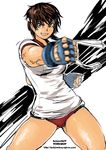  brown_eyes brown_hair buruma butcherboy fingerless_gloves gloves grin gym_uniform headband kasugano_sakura legs motion_blur punching short_hair smile solo street_fighter thighs veins 