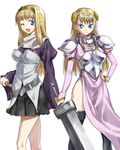  2girls 774 774_(nanashi) armor blond_hair blonde_hair blue_eyes copyright_request long_hair multiple_girls sword weapon wink 