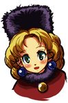  artist_request blonde_hair blush coat earrings fur_hat green_eyes hat jewelry kalinka_cossack rockman rockman_(classic) smile solo 