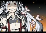  404_(artist) fujiwara_no_mokou grin hair_ribbon letterboxed long_hair red_eyes ribbon silver_hair smile solo suspenders touhou 