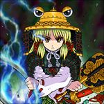  adapted_costume armor blonde_hair hair_ribbon hat johnnie moriya's_iron_rings moriya_suwako red_ribbon ribbon ribbon-trimmed_sleeves ribbon_trim solo touhou war_fan yellow_eyes 