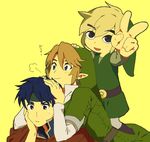  blonde_hair blue_eyes blue_hair chin_on_head chin_rest crossover earrings fire_emblem fire_emblem:_souen_no_kiseki hat head_rest headband hug hug_from_behind ike jewelry link male_focus multiple_boys pointy_ears simple_background smile super_smash_bros. the_legend_of_zelda toon_link uichi v yellow_background 