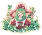  front_ponytail green_eyes green_hair hair_ribbon happy kagiyama_hina long_hair open_mouth ribbon smile solo takuzui touhou 