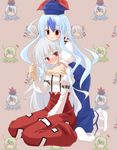  bad_id bad_pixiv_id blue_hair blush bow ex-keine fujiwara_no_mokou gumoyu hair_bow hat hug kamishirasawa_keine long_hair multiple_girls red_eyes silver_hair suspenders touhou 