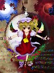  alternate_wings blonde_hair clock flandre_scarlet hat highres jigsaw_puzzle moon ponytail puzzle red_eyes sandaime short_hair side_ponytail solo touhou wings wrist_cuffs 