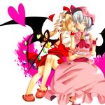  alternate_wings bad_id bad_pixiv_id blonde_hair closed_eyes colored_eyelashes cup eyelashes flandre_scarlet full_body hat heart heart_wings multiple_girls remilia_scarlet short_hair siblings silver_hair sisters sitting slippers teacup touhou whispering wings wrist_cuffs yutazou 