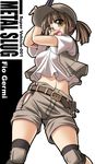  baseball_cap belt breasts brown_eyes brown_hair fio_germi glasses gun handgun hat knee_pads medium_breasts metal_slug midriff open_clothes open_vest pistol ponytail round_eyewear short_ponytail short_shorts shorts snk solo tonpuu vest weapon 