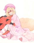  bad_id bad_pixiv_id beret blonde_hair dress elbow_gloves gloves hat lambdadelta orange_eyes pink_dress pink_hat pumpkin ribbon short_hair smile solo tiihatanono umineko_no_naku_koro_ni 